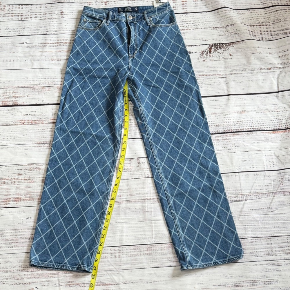 Hollister NWT Ultra High-Rise Dad Jeans Blue Diamond Grid Pattern 5S W27 L29 $65
